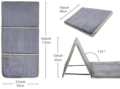 Prayer Rug with Back Support, Foldable Meditation Floor Chair (Gray) | Carrying Pocket, Thick Padded Islam Janamaz for Women and Men, Soft Foldable Travel Islamic Sajadah Carpet - color: Grey