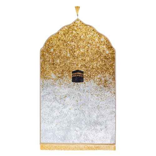 Muslim Prayer Mat Islamic Prayer Rug Padded Portable Praying Mat with Tassel Thick Praying Carpet for Ramadan - color: Gold
