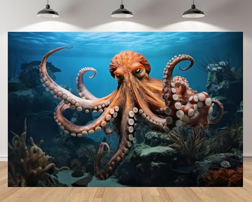 5x4ft Octopus Backdrop Underwater Coral Reef Blue Ocean Background for Marine Themed Party Birthday Aquarium Event Halloween Decor Photo Studio Booth Props Banner Wallpapers - size: 5x4FT
