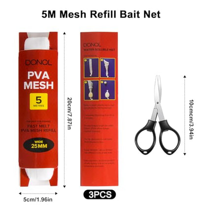 DONQL 5M PVA Mesh for Carp Fishing 3Pcs Fast Water Soluble Mesh Bait Bags | 45" PVA Bags for Carp Fishing, Refill Spawn Netting Bait Meshs, Fishing Refill Stocking for Rig Pellets - size: 25MM