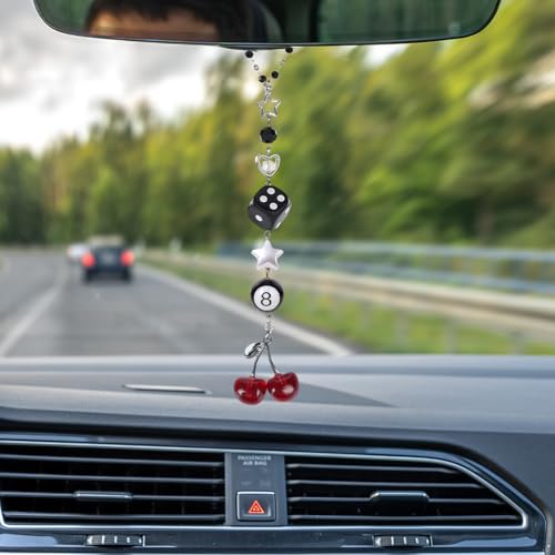 Cherry Car Charm - Silver Black 8 Ball Dice with Beads Rear View Mirror Charms Cars Accessories, Interior Y2K Aesthetic Hanging Ornament Pendant for Women Men - style: Cherry