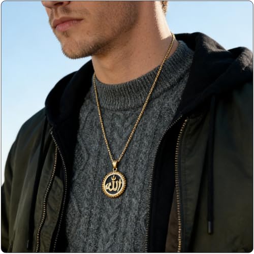 Hip Hop Stainless Steel Iced Out Hollow Allah Pendant Round Necklace - color: Gold