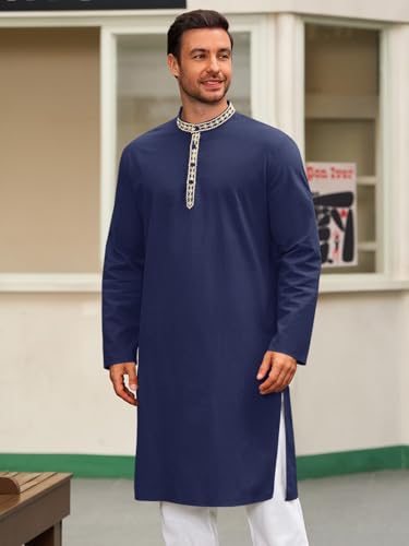 Runcati Mens Cotton Kaftan Robe Long Sleeve Button Down Henley Shirts Thobe Casual Side Split Gown Shirt - color: Navy, size: X-Large