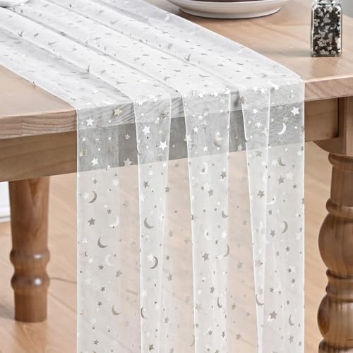 Artoid Mode White Gauze Stars Moon Table Runner 10FT, Glitter Metallic Foil Sheer Dining Wedding Anniversary Holiday Birthday Table Decor for Home Party - color: White Silver
