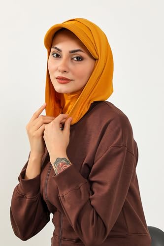 Aisha's Design Full Coverage Cotton Bonnet Hijab with Visor Modest Underscarf Bonnet - color: Mustard Yellow