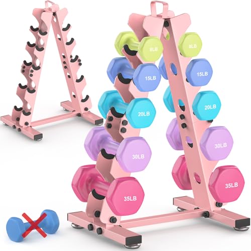 TomCare 6-Tier|5-Tier|4-Tier|2-Tier Dumbbell Rack Stand Only for Home Gym | Stable A-Frame, Fits 5–35 lb Dumbbells, Protective Padded Cradles, Adjustable Feet, Easy-Carry Handle (Stand Only) - color: Pink, size: 5 Tier