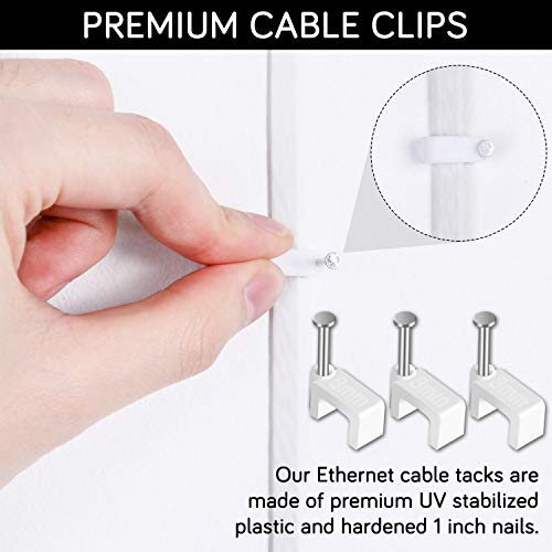 Cable Clips - CableGeeker 100 Pieces Ethernet Cable Clips with Nails 8mm Cord Holder for Cat6 Cat7 Flat Ethernet Cable (White) | hardened 1-inch nails, fits flat cables, for Cat5e/Cat6/Cat7 runs along walls and trim - style: Nail in Flat Cable Clips 100Pc