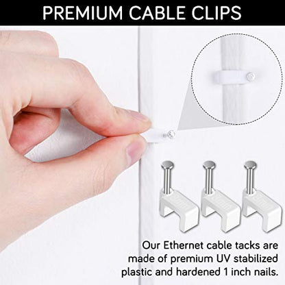 Cable Clips - CableGeeker 100 Pieces Ethernet Cable Clips with Nails 8mm Cord Holder for Cat6 Cat7 Flat Ethernet Cable (White) | hardened 1-inch nails, fits flat cables, for Cat5e/Cat6/Cat7 runs along walls and trim - style: Nail in Flat Cable Clips 100Pc