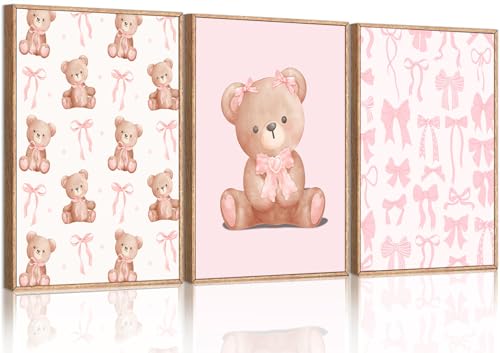 3Pcs Pink Teddy Bear Wall Art Coquette Bow Wall Decor Pictures Cute Animal Nursery Canvas Posters Prints for Baby Girls Room Bedroom Home Decorations Unframed - color: Pink Bear, size: 24L"x16W"Poster