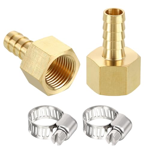 HARFINGTON 2pcs 3/8" to 3/8" NPT Female Brass Hose Barb Fitting Metals Splicer Mender with 2 Pieces Stainless Steel Hose Clamps for 3D Printing, Air Compressor, CNC Machine, Dies - size: 3/8" Barb To 3/8" NPT Female with Clamp