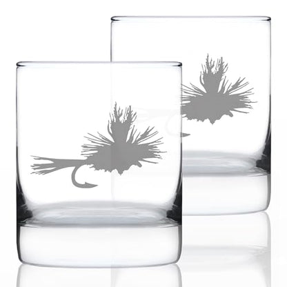 Fly Fishing Whiskey Rocks Glass for Flyfishing Gifts - 10.25 oz - Set of 2 | Bevvee Fishing gift ideas for anglers, fishermen and lake house bars. Old fashioned glass for whiskey, bourbon and cocktails - style: Set of 2
