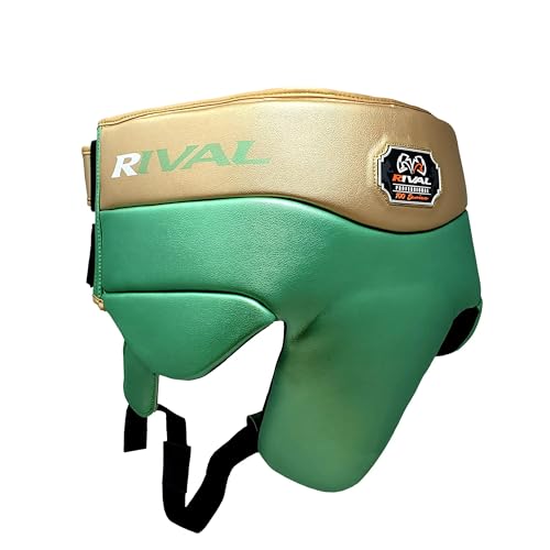 RIVAL Boxing RNFL100 Professional No-Foul Groin Protector with Dual Waist Straps, Hook and Loop Closures, Ultra-Lightweight Construction, and Super-Rich Microfibre PU - color: Green/Gold, size: Large