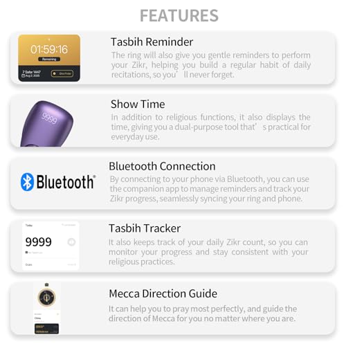 XG.&co Zikr Smart Ring,Adjustable Ring Finger Counter, Tasbeeh Counters, Prayer Direction Indicator Guide,5 Azan Alarm Clock, APP Support Eid al-Fitr Eid Muslims (Purple Faith+) - style: Purple 16 18 20 22 24mm