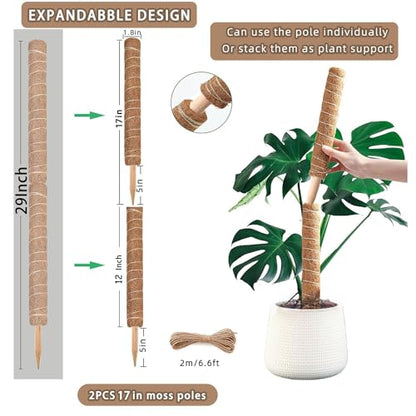 Moss Pole, 2 Pack 17 Inch Monstera Plant Support for Climbing Plants Accessories Indoor, Stackable Moss Poles Plant Support Stakes, Coir Plant Pole Sticks for Potted Plants, Pothos, Philodendron - size: 2pcs x 17 Inches