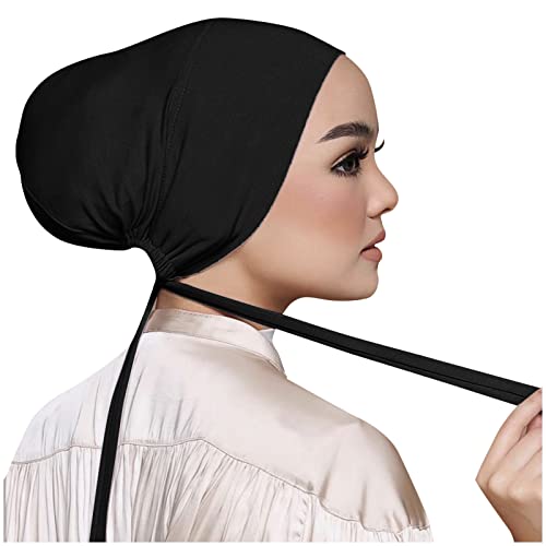 Chiffon Hijab with Undercap Fashion Solid Color Chiffon Head Wraps Under Scarf Caps Muslim Fashion Bandage - color: Black