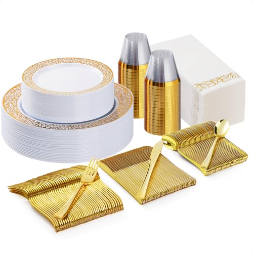 Bestluck 175 Pcs Gold Plastic Dinnerware Set for 25 Guests - color: Gold, size: 25 Guests Set
