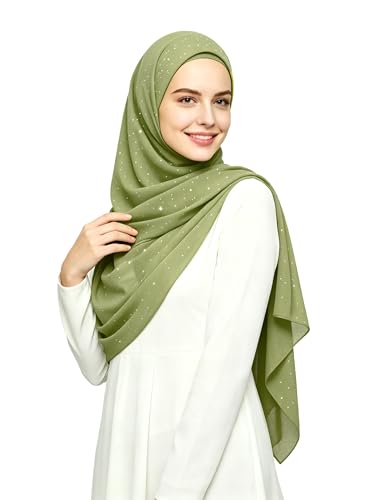 Lina & Lily Sparkle Shimmer Gold Glitter Women's Chiffon Hijab Head Scarf Shawl Wrap Lightweight - color: Light Olive