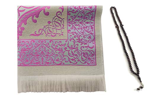 BAYKUL Muslim Prayer Rug-Islamic Turkish Velvet Rugs-Great Ramadan Gifts-Janamaz Prayer Mat for Women Men-Portable Carpet Muslims Mats-Praying Rugs Islam-Sajadah-Gift Praying Beads 99 (White-Pink) - color: White-pink