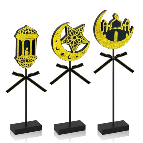 3-Piece Ramadan Wooden Table Decorations, Black Gold Eid Mubarak Table Topper Set, Shiny Islamic Ramadan Tiered Tray Decor for Muslim Party, Wedding, Tabletop, Bookshelf, Home Decor