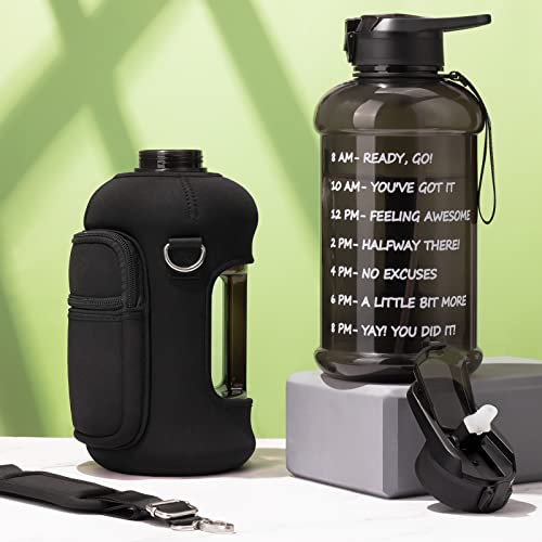 Fimibuke Half Gallon Water Bottle with Sleeve 64 OZ Water Bottle with Handle & Straw Leakproof Motivational Sports Gym Water Bottle with Time Marker BPA Free Water Jug with Reusable Neoprene Holder - color: A3.Black