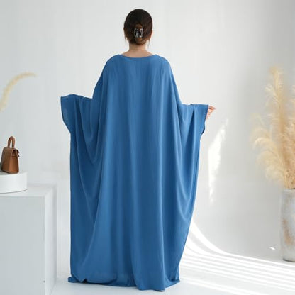 ODIZLI Abayas For Women Muslim Dubai Full Cover Kaftan Shirt Dress Batwing Sleeve Prayer Dress With Hijab - color: Blue + Hijab, size: Two