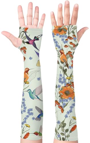 Bebila Gardening Sleeves for Women Farm UV Sun Protection Anti-Scratch Cooling Sleeves with Thumb Hole Arms Cover Outdoors - color: Light Green Bird
