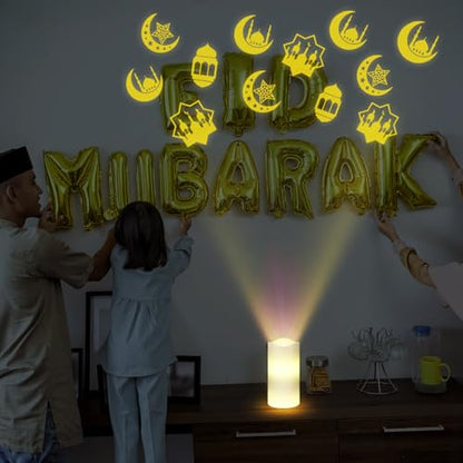 Baquler Ramadan Flameless Candles Projector Light Eid Mubarak LED Candle Battery Operated Star Moon Night Light with Remote and Timer Eid Mubarak Electric Gifts Ramadan Decoration for Home Room Decor - style: Mubarak