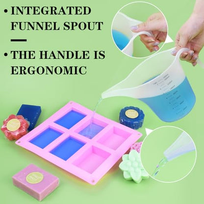 4 Pack 1500ml/50oz Long Spout Funnel Pitcher with Stirring Rods – Measuring Cups for Resin, Paint, Epoxy, Crafts, Soap Making, Durable and Easy to Pour, Great for Mixing, Measuring, Transfer Tasks