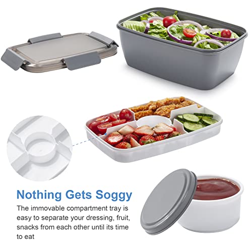 Freshmage Salad Lunch Container To Go, 68-oz Grey-XL, Leak-proof Lid, 4 Compartments, Sauce Container, Safe Material, Easy Carry - color: Grey-68oz