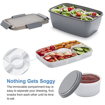 Freshmage Salad Lunch Container To Go, 68-oz Grey-XL, Leak-proof Lid, 4 Compartments, Sauce Container, Safe Material, Easy Carry - color: Grey-68oz