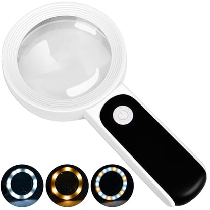 Magnifying Glass with Light, High Magnification Handheld Large Magnifying Glass 18LED Cold and Warm Light with 3 Modes, Illuminated Lighted Magnifier for Seniors Reading, Coins, Jewelry, Exploring - color: White