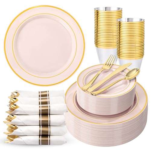 WDF Partyware 350PCS Pink Disposable Plates - Pink Plastic Plates 50Guests Plastic Dinnerware Sets with Rolled Napkins for Wedding/Birthday/Baby shower - color: Pink, size: 350