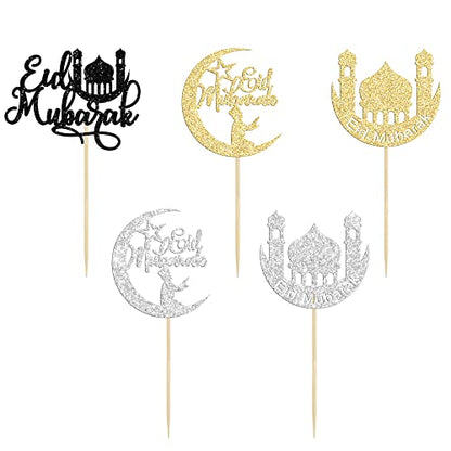 24 Pack Cupcake Toppers - Moon Star Happy Eid Mubarak Cupcake Picks - Islamic Muslim Theme - Ramadan Kareem Eid Party Cake Decorations - color: Gold-2