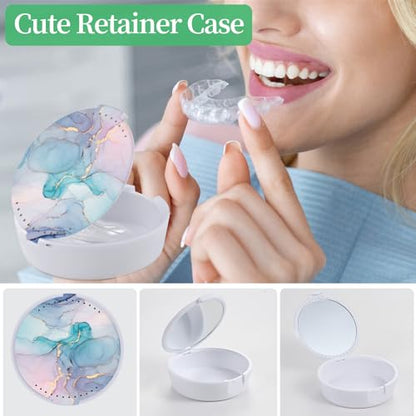 Retainer Case, Denture & Orthodontic Aligner Case With Mirror & Ventilation, Blue Marble - color: Blue Marble