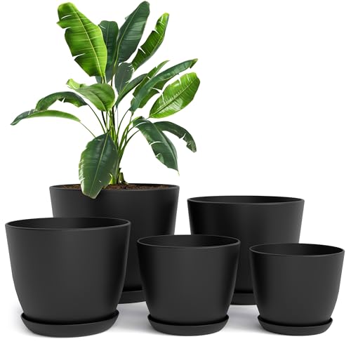 Plant Pots Indoor with Drainage, 5 Pack Multi-Size Planters Set, Black | Drainage holes included Multiple sizes 7/6.6/6/5.3/4.8 In Indoor plants and flowers Durable plastic construction - color: Black, size: Pack of 5