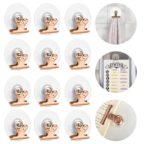Self Adhesive Metal Clips, 12 Pcs Upgrade Strong Self-Adhesive Clips for Hanging and Organization, Spring Clip for Paper Poster Tapestry Photo Wall Teacher Student Home Kitchen Office Rose Gold - color: Rose
