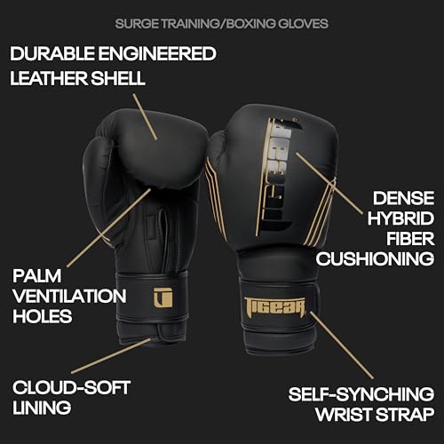Tigear Surge Pro Boxing Gloves for Men Women & Kids | Engineered Leather Muay Thai Gloves, MMA Gear, Kickboxing Heavy Bag Training and Sparring - color: Black/Gold, size: 12 oz