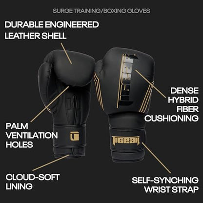 Tigear Surge Pro Boxing Gloves for Men Women & Kids | Engineered Leather Muay Thai Gloves, MMA Gear, Kickboxing Heavy Bag Training and Sparring - color: Black/Gold, size: 14 oz
