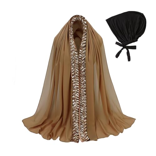 JIAHG Womens Muslim Chiffon Sequined Hijab Scarf Long Scarf Shawl Undercap Combo with Rhinestone Fashion Soft Headscarf - color: Camel