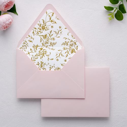 PONATIA A7 Euro Flap Gold Foil Liner Envelopes, Blush Pink 5x7 Envelopes - color: Blush Pink + Goil Foil