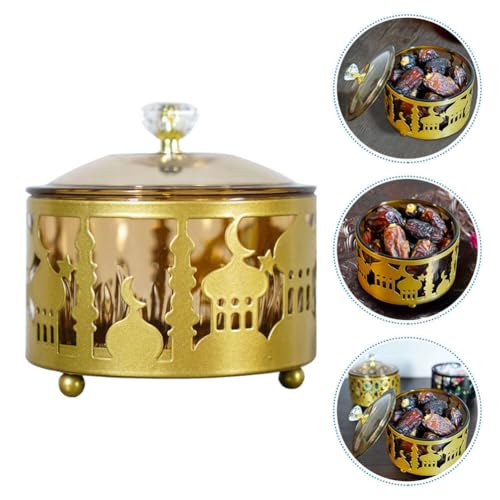 Ciieeo Ramadan Serving Trays 2pcs Round Candy Dish with Lid Metal Eid Mubarak Snack Tray Sugar Storage Bowl Islam Plate Muslim Party Table Decor Golden