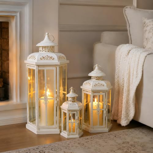 JHY DESIGN Set of 3 Decorative Candle Lanterns 20''&14"&10" H Outdoor Candle Lanterns Vintage Metal Cand leholder for Indoor Outdoor, Events, Parities and Weddings(White with Gold Brush) - color: 20''&14"&10"h White