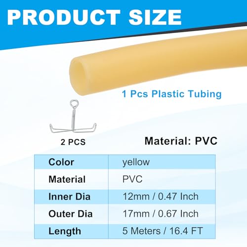 PATIKIL Plastic Tubing, 12mmx17mmx5m Vinyl Tubing Tube with Hose Clamps, Soft Hose Line Pipe for Multipurpose Industrial Vinyl Aquarium, Yellow - size: 12mmx17mmx5m