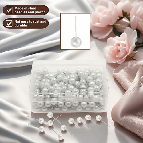 200PCS Pearl Head Pins, Decorative Pearl Ball Map Tacks with Plastic Storage Box, White Pearl Pushpins for DIY Wedding, Crafts, Sewing, Bulletin Board, Fabric Positioning (Pearl White)