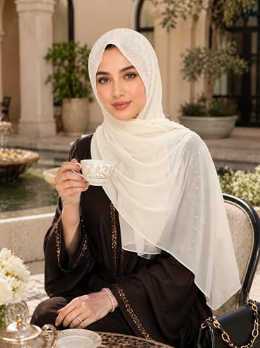 Chiffon Hijab Scarf for Women, Rhinestone Pearl Muslim Head Scarf, Lightweight Shawl Wrap - color: Beige