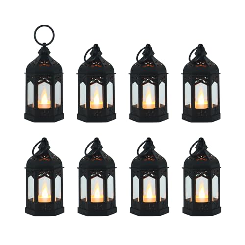 LLQ 8Pcs Mini Lanterns for Centerpiece, Medieval Gothic Fairy Party Decor, Decorative Candle Lanterns for Indoor, Small Vintage Lantern for Halloween Christmas Wedding Table Decor, Black - color: Black