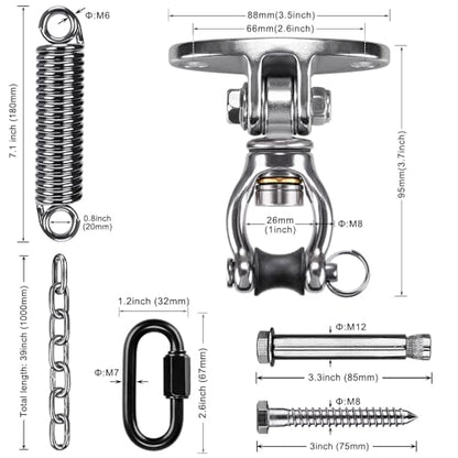 SELEWARE Hammock Chair Hanging Kit, Stainless Steel Bearing Swing Hanger with Heavy Duty Spring and Chain, Ceiling Mount for Hanging Indoor Outdoor Swing, Hammock Chair, Heavy Punching Bag - color: Bearing Swing Hanger With Chain & Straight Spring
