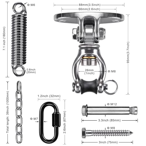 SELEWARE Hammock Chair Hanging Kit, Bearing Swing Hooks w/Spring & Chain | Stainless Steel 360° Swivel Swing Hanger, Ceiling Mount for Hanging Indoor Outdoor Swing Hammock Chair Yoga Silk Punching Bag - color: Bearing Swing Hanger With Chain & Straight Sp