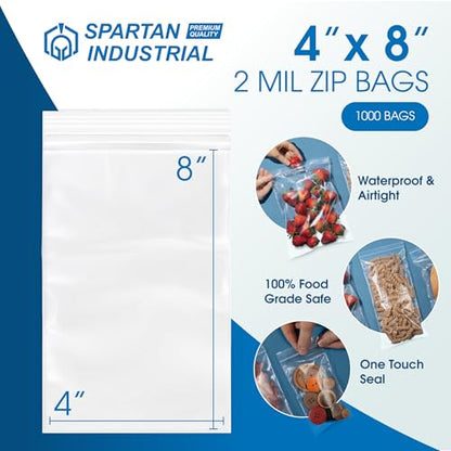 4” X 8” (1000 Count) 2 Mil Clear Reclosable Zip Plastic Poly Bags | with Resealable Lock Seal Zipper - Spartan Industrial - size: 4” X 8”