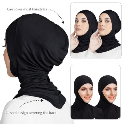 Women Slouchy Beanies Cap Soft Hijab Cap Under Scarf for Women Muslim Jersey Hijab Undercaps(1PC/2PC) - color: Black+black